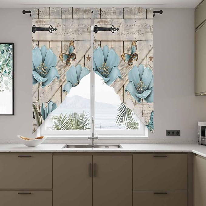 Teal Blue Tulips Swag Valances for Windows, Spring Floral Barn Doors Vintage Wood Beige Rod Pocket Kitchen Curtains Valance, Small Window Curtains Swag for Cafe Living Room, 2 Panels, 36x36 inch