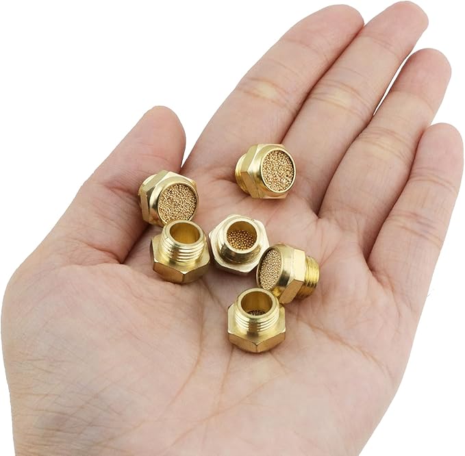 Wealrit 10 PCS Pneumatic Exhaust Mufflers, 1/8" Male Thread Hex Copper Air Muffler Silencer, 0.41" Length Industrial Muffler Filter Air Line Fitting for Compressed Air Systems, Valves, Cylinders