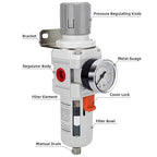 NANPU 3/8" NPT Compressed Air Filter Regulator Combo Piggyback, Semi-Auto Drain, 5 Micron Brass Element, Poly Bowl, Metal Bracket, 0-150 psi Gauge