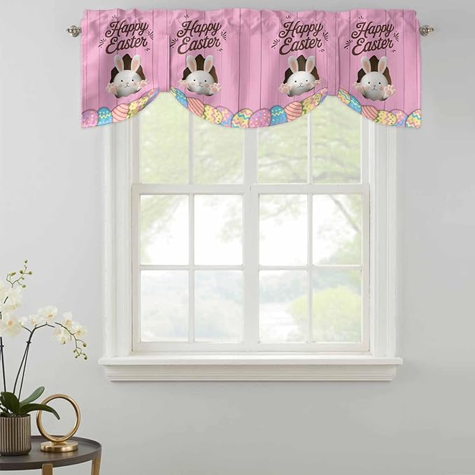 Pink Easter Tie Up Valance Curtains for Windows,Kitchen Curtains Window Shades,Easter Bunny Eggs Spring Cartoon Farmhouse Wood Grain Light Filtering Curtain Valances for Bedroom/Bathroom/Cafe 42"x12"