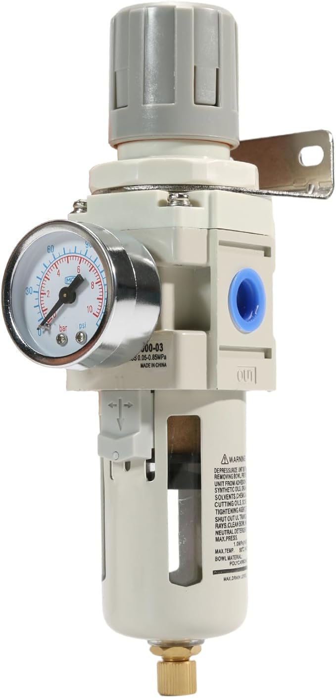 3/8" NPT Air Filter Pressure Regulator Combo Piggyback, Air Compressor Filter with Gauge (0-150 PSI),Poly Bowl, Manual Drain, Metal Bracket