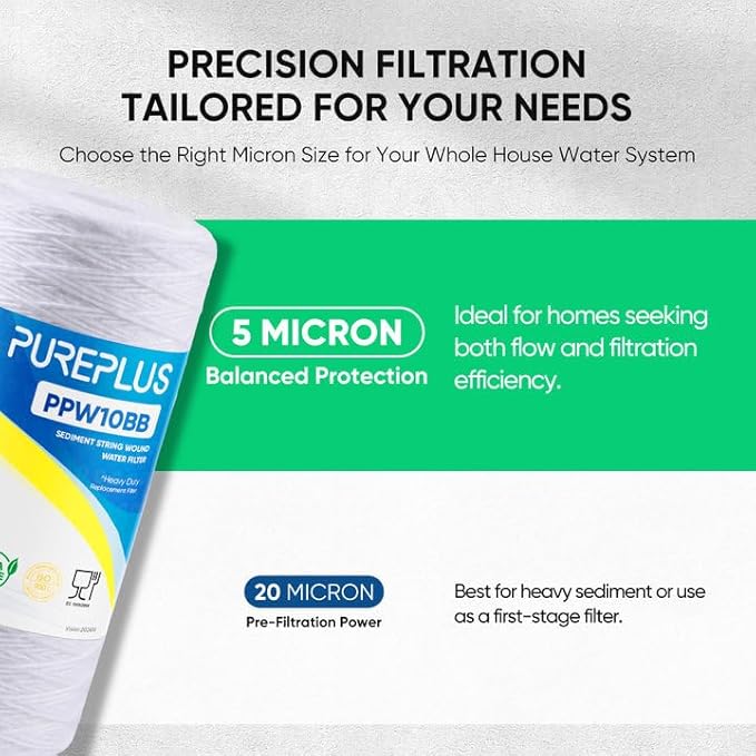 PUREPLUS 5 Micron 10 x 4.5 Whole House String Wound Sediment Filter for Well Water, Replacement Cartridge for 84637, WPX5BB97P, PC10, 355214-45, 355215-45, WP10BB97P, WP5BB97P, 2Pack