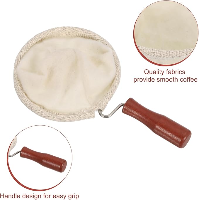 uxcell 2 Pcs Cloth Coffee Filter Bags, Coffee Sock Filter, Reusable Coffee Strainer with Wooden Handle, Small, Medium, Beige