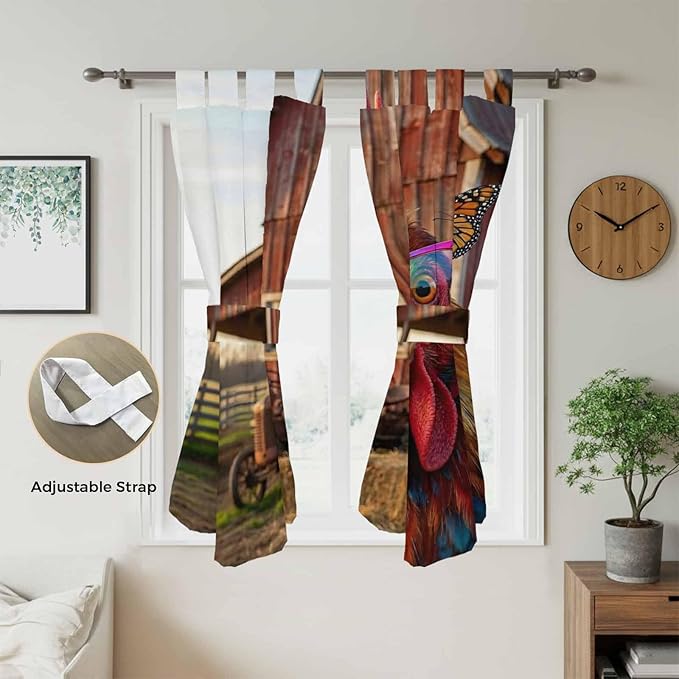 Farm Rooster Bathroom Curtains 63 Inch Length, Window Curtains Tab Top, Farmhouse Barn Funny Animals Butterfly Light Filtering Window Treatments Drapes 52"x63" 2 Panel