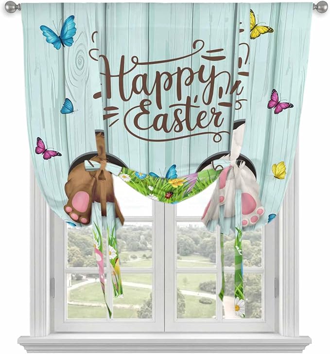 Tie Up Curtains,Happy Easter Bunny Butt Egg Floral Adjustable Rod Pocket Window Shade Curtain Drape Spring Plant on Aqua Wood Tie-Up Valance for Kitchen Bedroom Living Room Windows,42"x54"