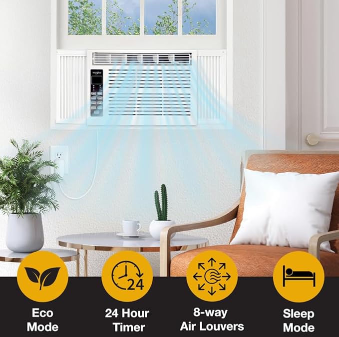 Whirlpool 12,000 BTU 115V Window-Mounted Air Conditioner with Remote Control, Window AC for Rooms up to 550 Sq.Ft, LCD Display, Auto-Restart, 24H Timer, White