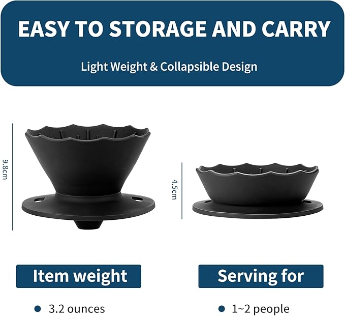MERMOO YILAN Collapsible Coffee Dripper, Silicone Pour Over Coffee Filter Holder - Portable Reusable Foldable Coffee Maker Cone for 1~2 Cups, Travel, Camping, Gift (Black)