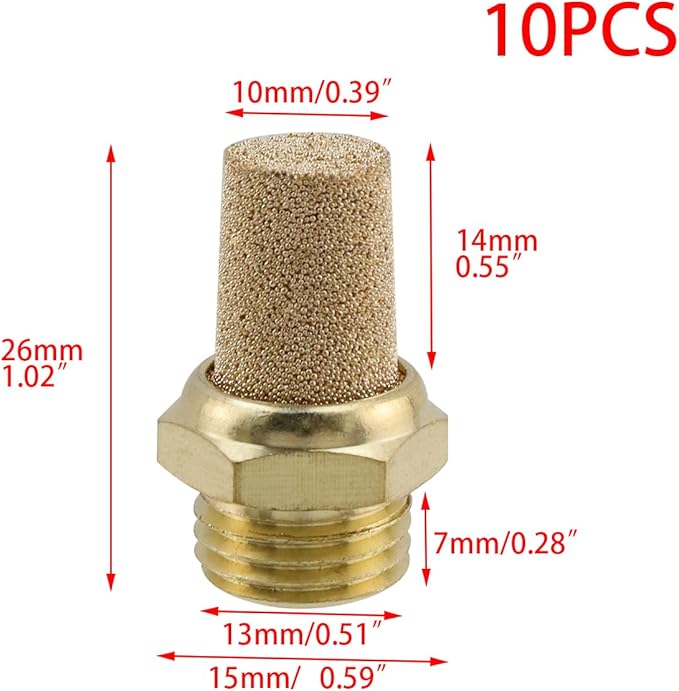 Wealrit 10 PCS Pneumatic Exhaust Mufflers, 1/4" Male Thread Hex Copper Air Muffler Silencer, 1.02" Length Industrial Muffler Filter Air Line Fitting for Compressed Air Systems, Valves, Cylinders