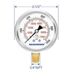 MEASUREMAN 2-1/2" Dial Size, Glycerin Filled Pressure Gauge, 0-10000psi/kpa, 304 Stainless Steel Case, 1/4" NPT Lower Mount