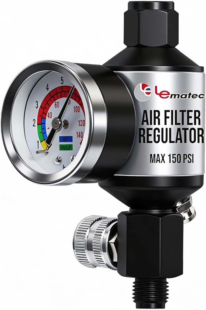 LE LEMATEC Spray Gun Regulator with Gauge & Water Separator - 1/4" NPT Inline Air Compressor Filter & Dryer - Precision Air Flow Control Valve for Paint Guns & Pneumatic Tools (150 PSI)