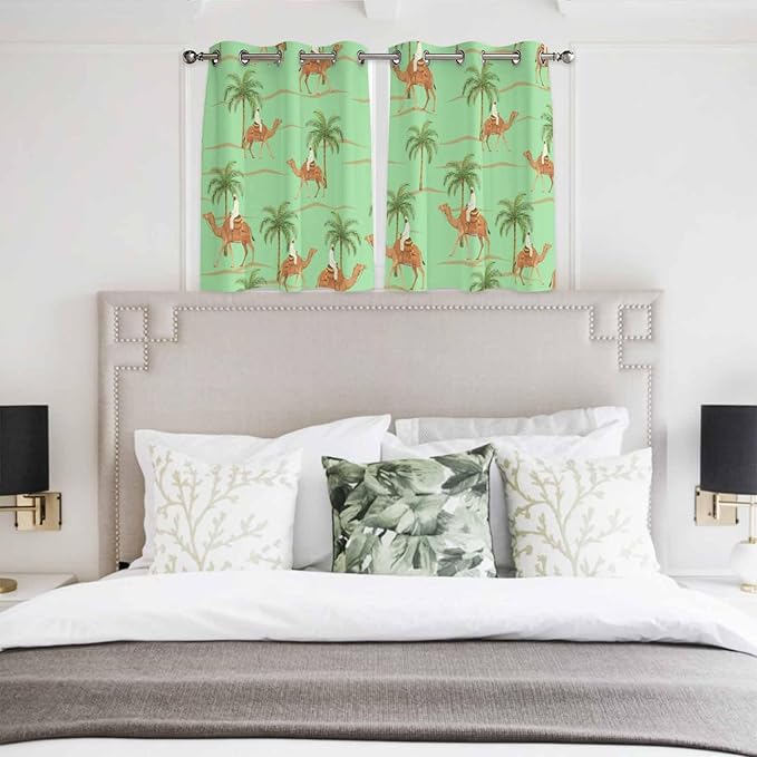 2 Panel Kitchen Cafe Curtains, Desert Camels Sunlight Filtering Nature Air Through, Home Decor Window Covering Tier Curtains for Bedroom Living Room Tropical Date Palm Trees Animal Green