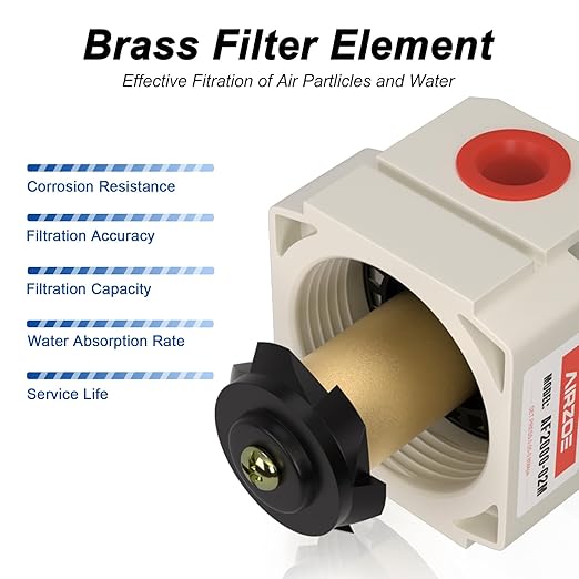 AIRZOE 1/4” NPT Air Compressor Filter, Regulator and Lubricator Combos FRL - Water Oil Trap Separator AC2000-02, 5 Micron Brass Element, Semi-auto Drain, 0-150 psi Gauge