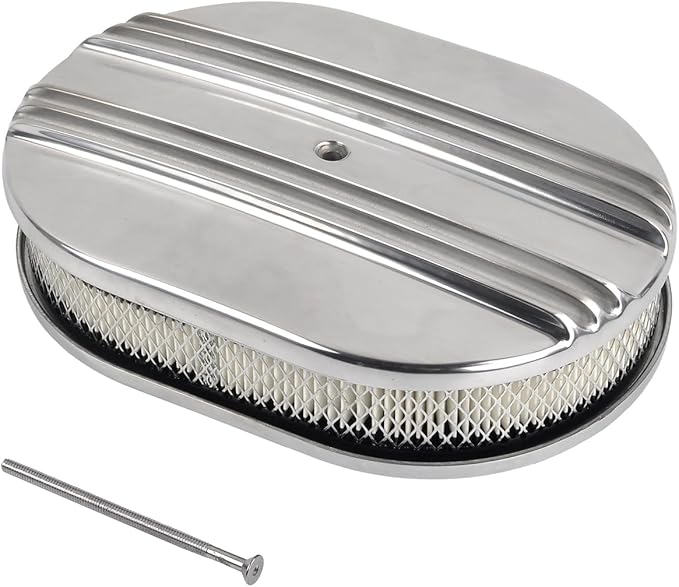 12" Air Cleaner Kit Polished Aluminum Oval Half Finned Compatible with Classic Chevy Ford SBC 350