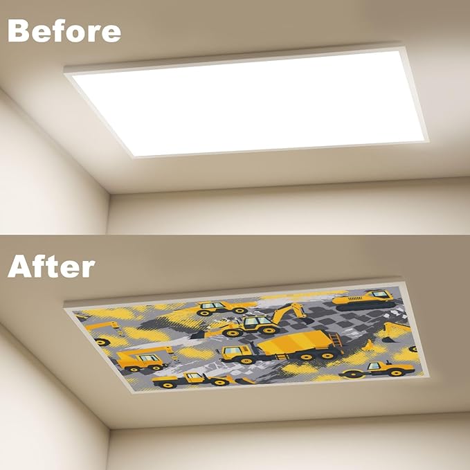 4 Pcs Fluorescent Light Covers for Ceiling Lights Yellow Construction Vehicles Excavators Cranes Trucks Gray Decorative Magnets Light Filters for Office Home Classroom Must Haves 4’ x 2’