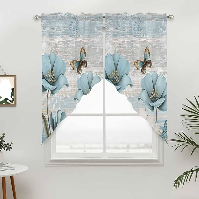 Spring Floral Swag Valances for Windows, Vintage Tulips Flower Butterfly Retro Wood Blue Rod Pocket Kitchen Curtains Valance, Kitchen Window Curtains Swag for Cafe Living Room, 2 Panels, 36x63 inch