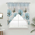 Spring Floral Swag Valances for Windows, Vintage Tulips Flower Butterfly Retro Wood Blue Rod Pocket Kitchen Curtains Valance, Small Window Curtains Swag for Cafe Living Room, 2 Panels, 28x36 inch