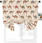 Tie Up Curtains for Windows, Summer Camels Adjustable Balloon Nature Linen Textured Kitchen Curtain, Farmhouse Retro Cartoon Desert Animals Tie Up Light Filtering Curtains for Decor, 34 x 45 In