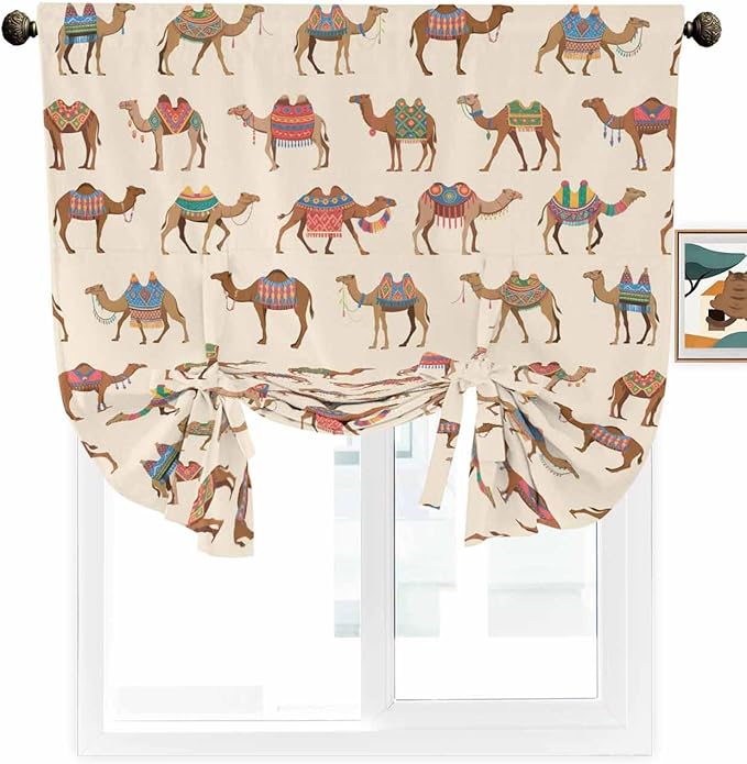 Tie Up Curtains for Windows, Summer Camels Adjustable Balloon Nature Linen Textured Kitchen Curtain, Farmhouse Retro Cartoon Desert Animals Room Darkening Curtains for Glass Door, 42 x 45 in