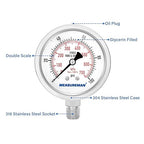 MEASUREMAN Pressure Gauge 1/4 NPT, 0-100psi/kPa Fully Stainless Steel Hydraulic Glycerin Filled Pressure Gauge with 2.5 Inch Dial Size (0-100 psi, Lower Mount - 100% Stainless Steel)