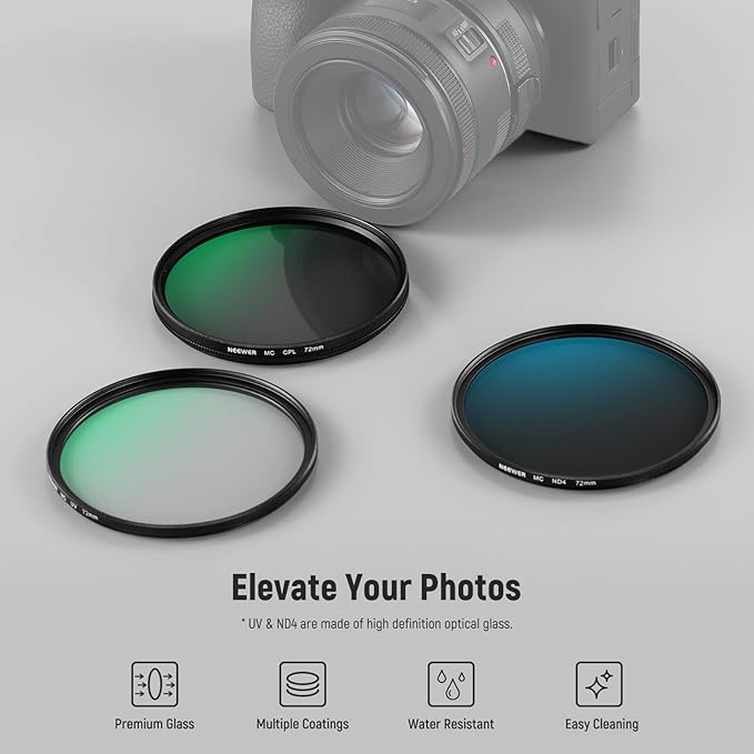 NEEWER 72mm UV/CPL/ND Lens Filter Kit with Hard Shell Storage Case, Multicoated Optical Glass & Aluminum Alloy Frame, UV + Circular Polarizer (CPL) + Neutral Density (ND4) Filter for 72mm Camera Lens