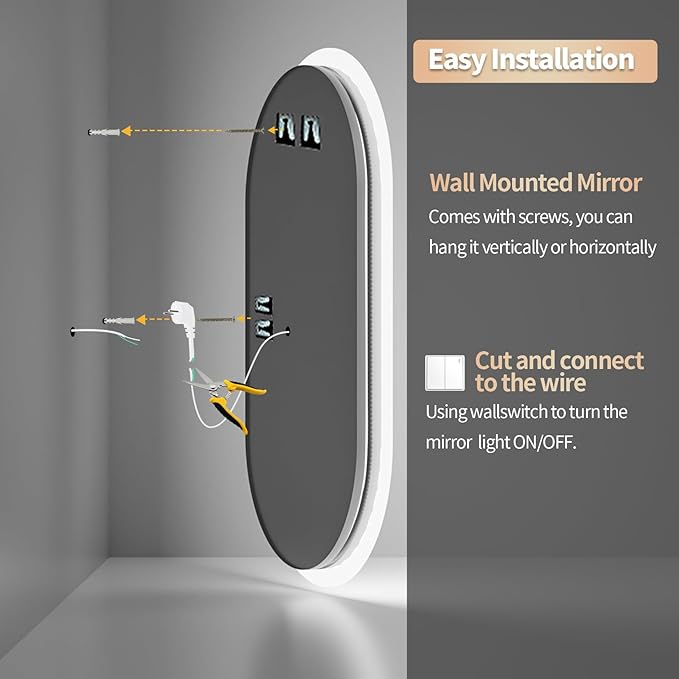 LUVODI Lighted LED Bathroom Mirror: 48x24IN Wall Mounted Dimmable 3 Colors Makeup Mirror with Bright Back Lit - Smart Mirror Anti Fog with Touch Switch Memory Function for Restroom Bedroom Living Room