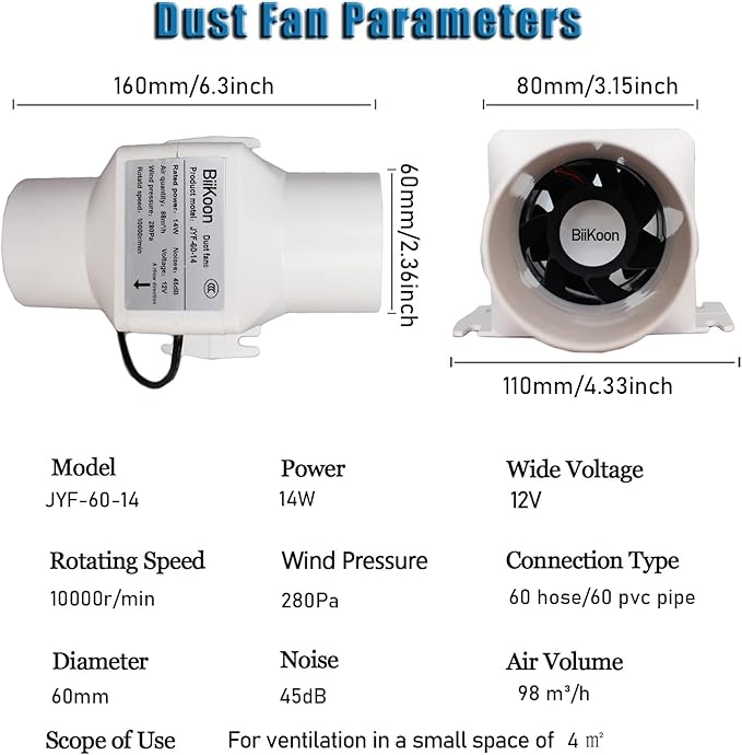 12V Inline Duct Fan Mini Attic Vent Booster 2.4“ 60Mm 58Cfm Variable Exhaust Blower for HVAC Ventilation Bathroom Kitchen Grow Tent (Color : NO Adjustable Speed, Size : 14w)