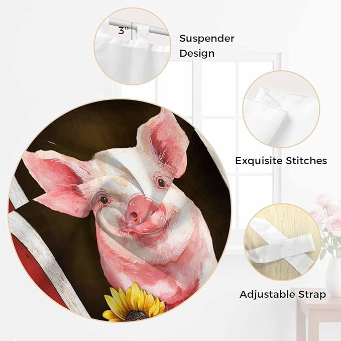 Pigs Sunflowers Kitchen Curtains 36 Inch Length, Small Window Curtains Tab Top, Farmhouse Red Barn Flowers Animals Light Filtering Short Window Treatments Tier Drapes 27.5"x36" 2 Panel