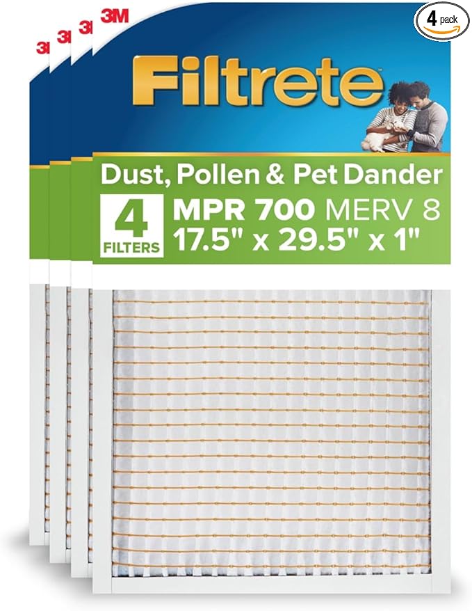 Filtrete 17.5x29x5x1 AC Furnace Air Filter, MERV 8, MPR 700, Tough on Pollen, Easy on Airflow, 3-Month Pleated 1-Inch Electrostatic Air Cleaning Filter, 4-Pack (Actual Size 17.19 x 29.19 x 0.81 in)