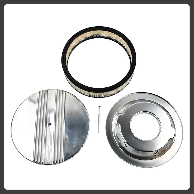 14 x 3 Inch Round Polished Air Cleaner Kit Half Finned Drop Base Compatible with Chevy Ford GM
