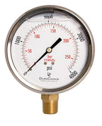 4" Oil Filled Pressure Gauge - Stainless Steel Case, Brass, 1/2" NPT, Lower Mount Connection, 0-4,000PSI