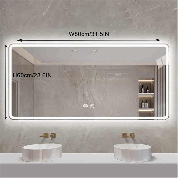 Smart Illuminated LED Bathroom Mirror，Bathroom Mirror with LED Lights，Energy-Saving LED Smart Mirrors，LED Mirror for Bathroom，with Demister Pad and Smart Touch Switch(H60*W80cm/H23.6*W31.5IN)