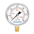 MEASUREMAN 2-1/2inch Dial Size, Glycerin Filled Pressure Gauge, 0-300psi/kpa, 304 Stainless Steel Case, 1/4 inchNPT Lower Mount