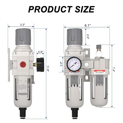 1/2" NPT Compressed Air Filter Regulator Lubricator Combo, Air Compressor Water Separator AC4010-04,5 Micron Brass Element Auto Drain,0-145 psi Gauge