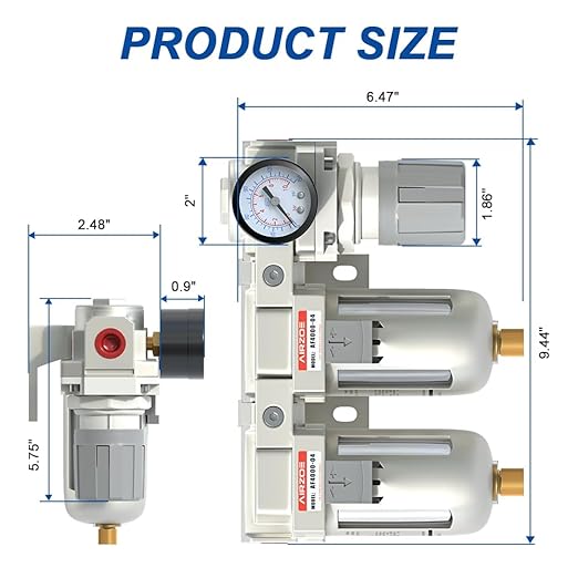 AIRZOE 1/2" NPT Air Dryer for Compressor-Air Compressor Water Separator A4110-04,Double Air Compressor Filter,Air Pressure Regulator Combo,5 Micron Brass Element,Semi-Auto Drain,0-145 psi Gauge