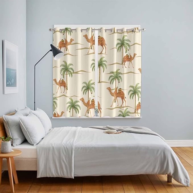 2 Panel Kitchen Cafe Curtains, Date Coconut Tree Sunlight Filtering Nature Air Through, Home Decor Window Covering Tier Curtains for Living Room 80W x 63L inch Desert Camels Botanical Tropical Beige