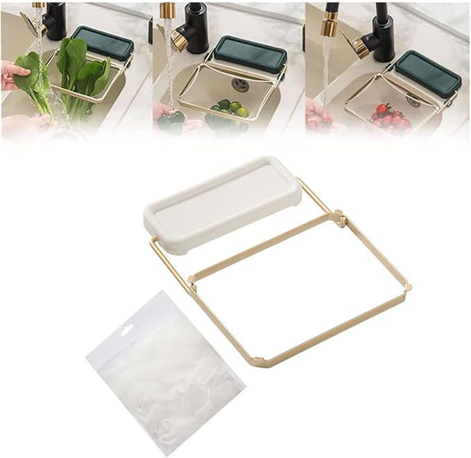 Kitchen Food Waste Filter Basket with 50Pcs Mesh Bag Collapsible Residue Filter Screen Holder Square Bracket Corner Hanging Drain Rack Sink Strainer White 1pcs