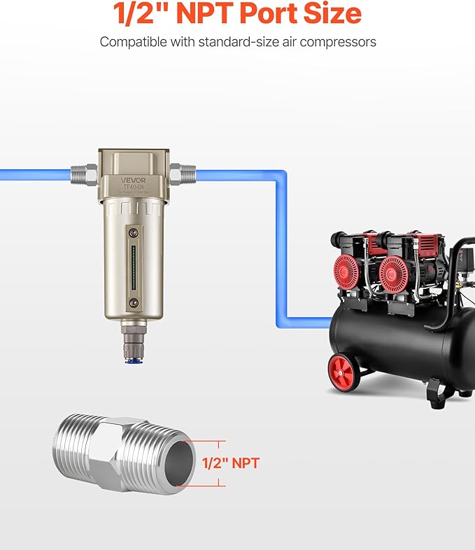 VEVOR Air Compressor Filter, 1/2" NPT Air-Dryer for Compressor with 5μm Brass Filter Element, Auto-Drain Air Compressor Water Separator 175 PSI Max Working Pressure, Aluminum Alloy Bowl