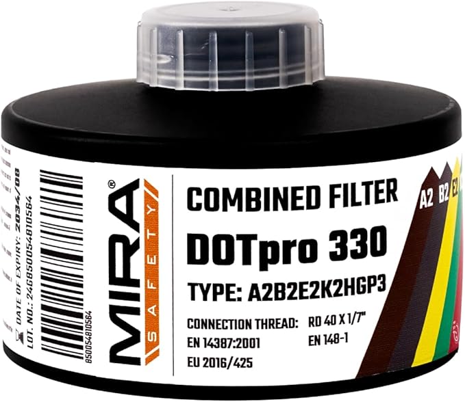 MIRA Safety - DotPro 330 - Industrial Grade Gas Mask Filter | A2 B2 E2 K2 HG P3 Filter Rating | Long Shelf Life | 40mm NATO Filter | Fits CBRN Gas Masks