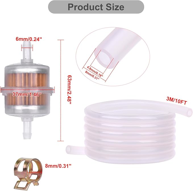 3/16 Inch ID Fuel Line Hose With 2Pcs Fuel Filters +10 Clamps for Kawasaki Lawn Mower Small Engines Generator Mini Bike dirtbike