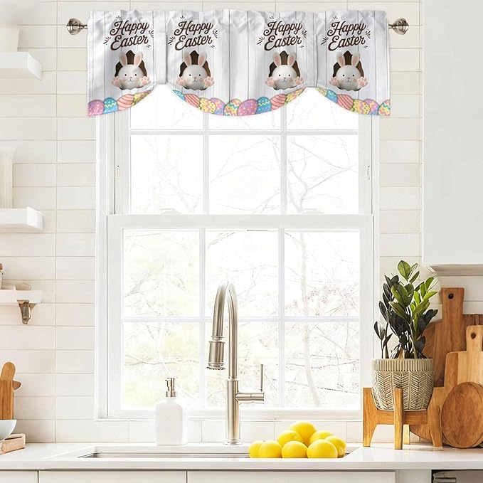Grey Easter Tie Up Valance Curtains for Windows, Kitchen Curtains Window Shades, Spring Cartoon Bunny Colorful Eggs Wood Grain Light Filtering Roman Curtain Valances for Bedroom/Bathroom/Cafe 54"x18"