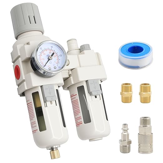 3/8"-Air-Dryer-for-Compressor, Air-Compressed-Filter-Regulator Lubricator Combo Water-Oil Trap Separator, NPT Semi-Auto Drain 0-150PSI