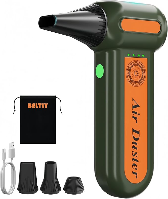 Super Powerful Compressed Air Duster, Rechargeable Duster Blower with LED Light & 4-Gear Adjustable 150KRPM Brushless Motor, Cordless Mini Blowe for Car, Home, Office, Camping (Green)