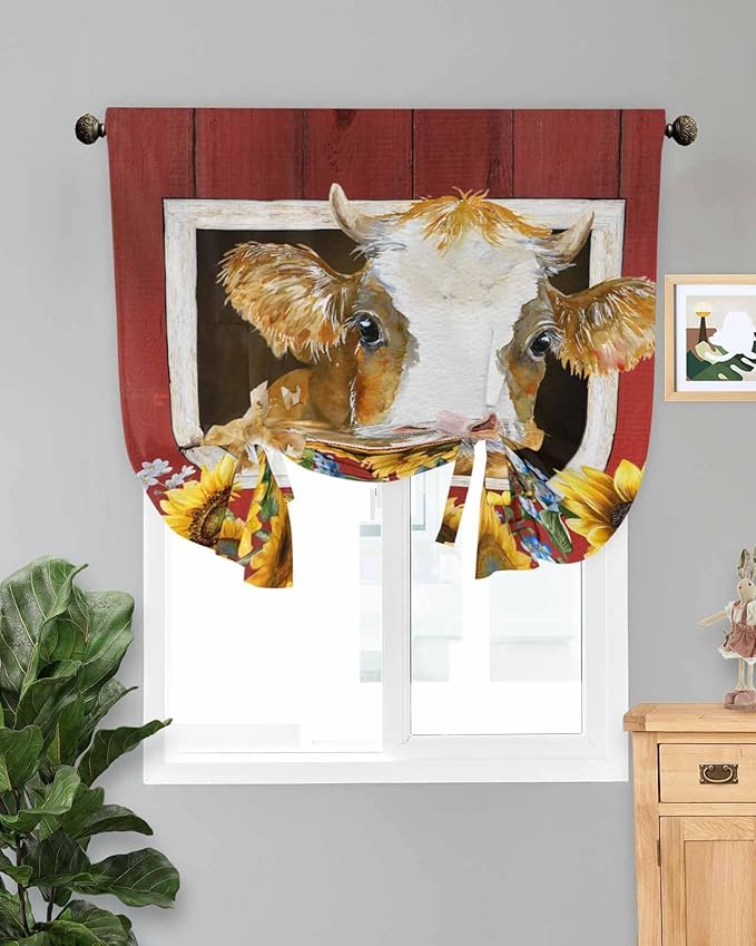 Tie Up Curtains for Windows, Cows Sunflowers Adjustable Balloon Nature Linen Textured Kitchen Curtain, Spring Floral Bees Farmhouse Barn Decorative Tie Up Curtain for Window, 52" x 45"