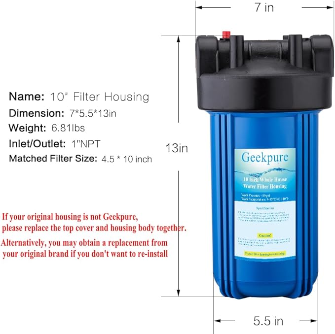 Geekpure 10-Inch Whole House Water Filter Housing 4.5"x10"1-Inch Outlet/Inlet with Wrench and Bracket-Blue Color-Pack of 4