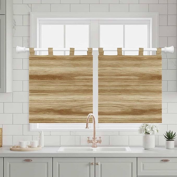 Light Brown Wood Grain Kitchen Curtains 36 Inch Length, Small Window Curtains Tab Top, Western Farmhouse Barn Door Light Filtering Short Window Treatments Tier Drapes 27.5"x36" 2 Panel