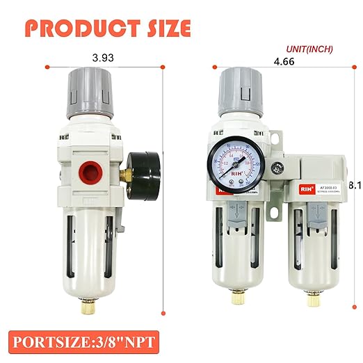 RIH Air Dryer System - 3/8”NPT Double Air Filters-5 Micron Particulate Filter& Air Pressure Regulator - Gauge(0-150 psi), Semi-Auto Drain, Poly Bowl,Bracket - 3 in 1 Two Unit