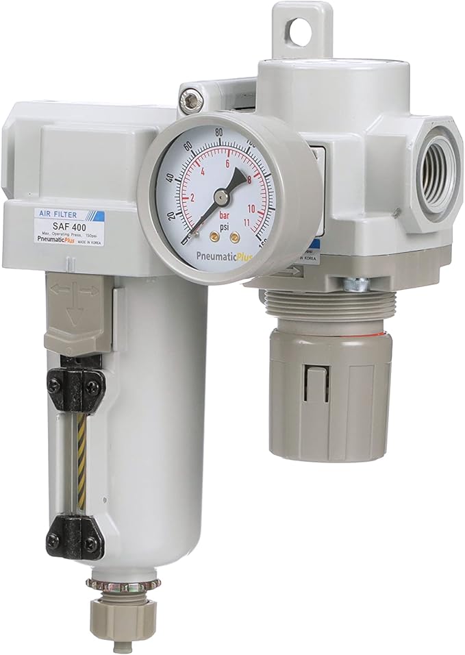 PneumaticPlus SAU420-N04G-MEP Compressed Air Filter Regulator Combo 1/2" NPT - Metal Bowl, Manual Drain, Bracket, Gauge