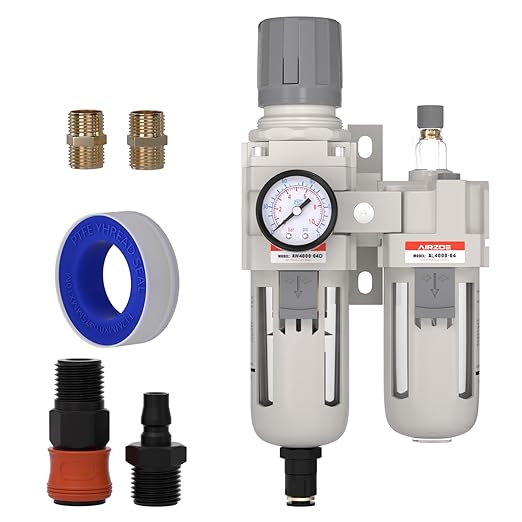 1/2" NPT Compressed Air Filter Regulator Lubricator Combo, Air Compressor Water Separator AC4010-04,5 Micron Brass Element Auto Drain,0-145 psi Gauge