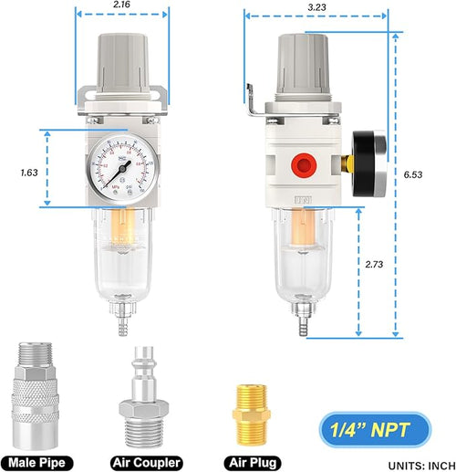 1/4" NPT Air Drying System, 5 Micron Air Line Filter with 150 PSI Gauge and Valve Shut Off Switch for Plasma Cutter and Paint Spray, Manual Drain