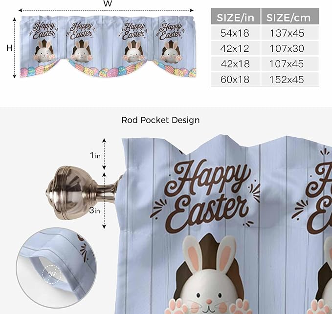 Blue Easter Tie Up Valance Curtains for Windows, Kitchen Curtains Window Shades, Spring Cartoon Bunny Colorful Eggs Wood Grain Light Filtering Roman Curtain Valances for Bedroom/Bathroom/Cafe 42"x12"